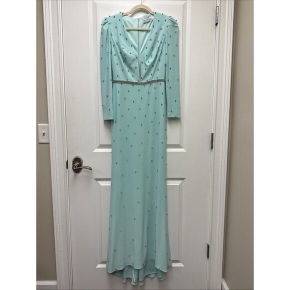 MAC DUGGAL Size 2 Mint BELTED JEWEL ENCRUSTED PLUNGE NECK LONG SLEEVE GOWN New - Picture 4 of 11